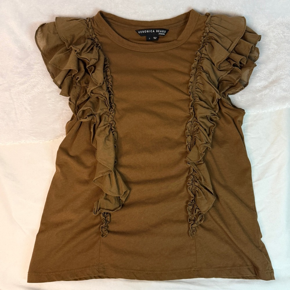Veronica Beard Jeans Bea Ruffle Tee Cotton Knit Top Brown Size‎ Small